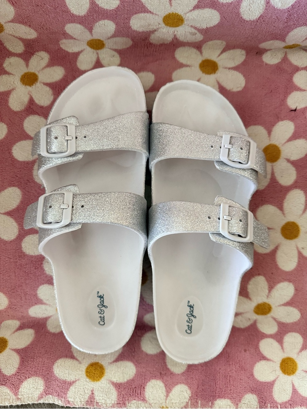 Cat & Jack Silver Glitter Double-Strap Slide Sandals